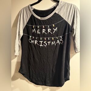 Stranger Things Merry Christmas Black and Gray Raglan Tee